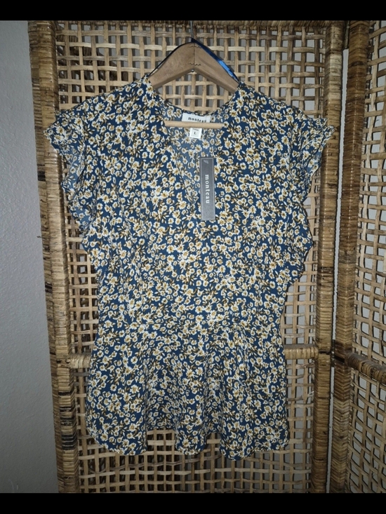 Monteau Tops - Monteau Navy Floral Short Sleeve Peplum Blouse